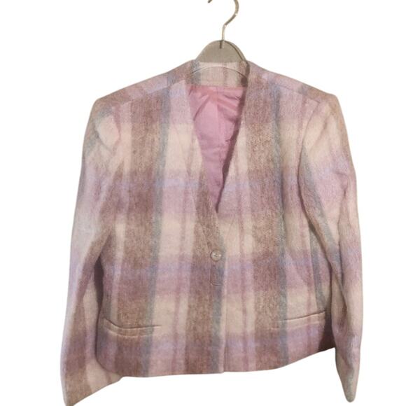 Vintage 100% Pure Wool Pink Green Tan & Cream Plaid  Blazer Size 12 - Picture 1 of 5